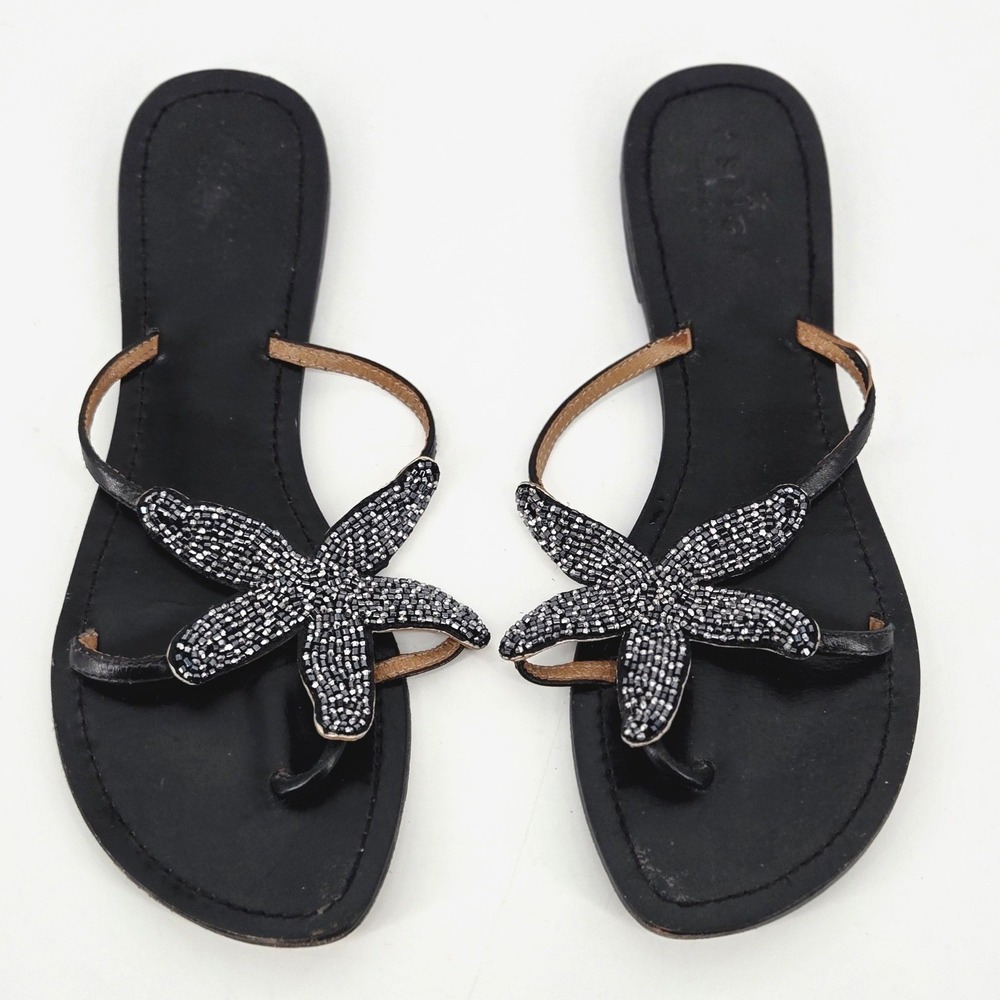 Aspiga Black Leather Beaded Starfish Thong Sandals Beach Flip Flops Size 40 US 9